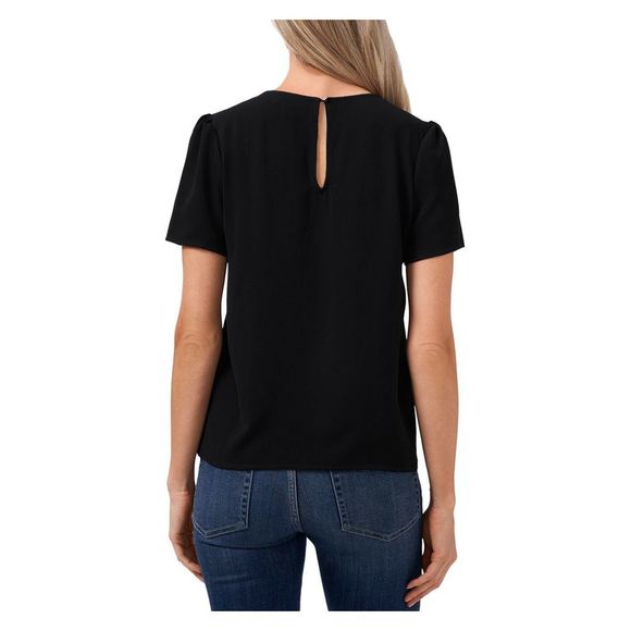 CECE Womens Black Textured Keyhole Back Button Short Sleeve Round Neck Blouse XS - Picture 2 of 3